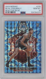 Bilal Coulibaly from the 2023-24 Panini Mosaic set featuring a Reactive Blue parallel graded by PSA and given an overall grade of 10.
