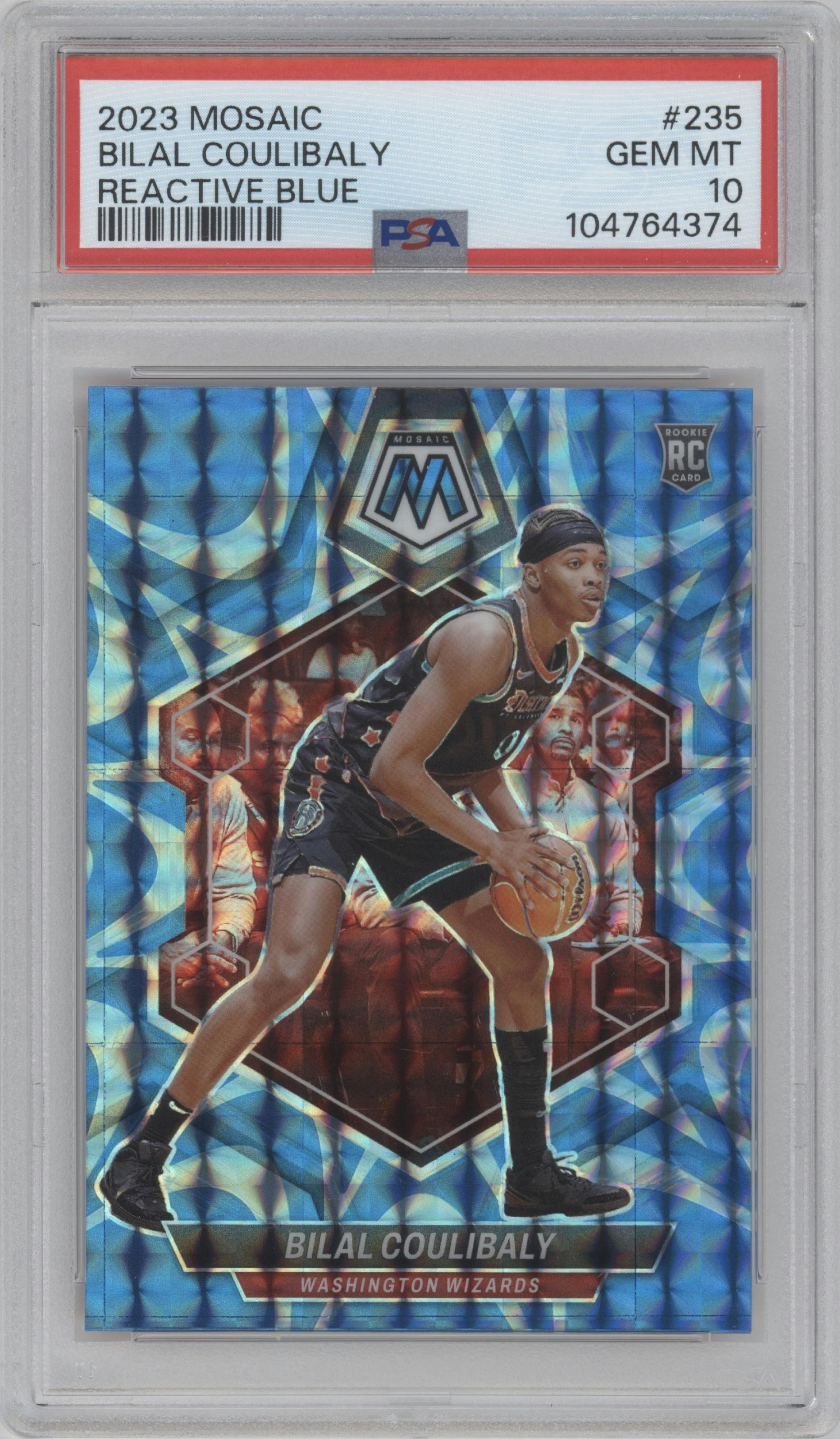 Bilal Coulibaly from the 2023-24 Panini Mosaic set featuring a Reactive Blue parallel graded by PSA and given an overall grade of 10.