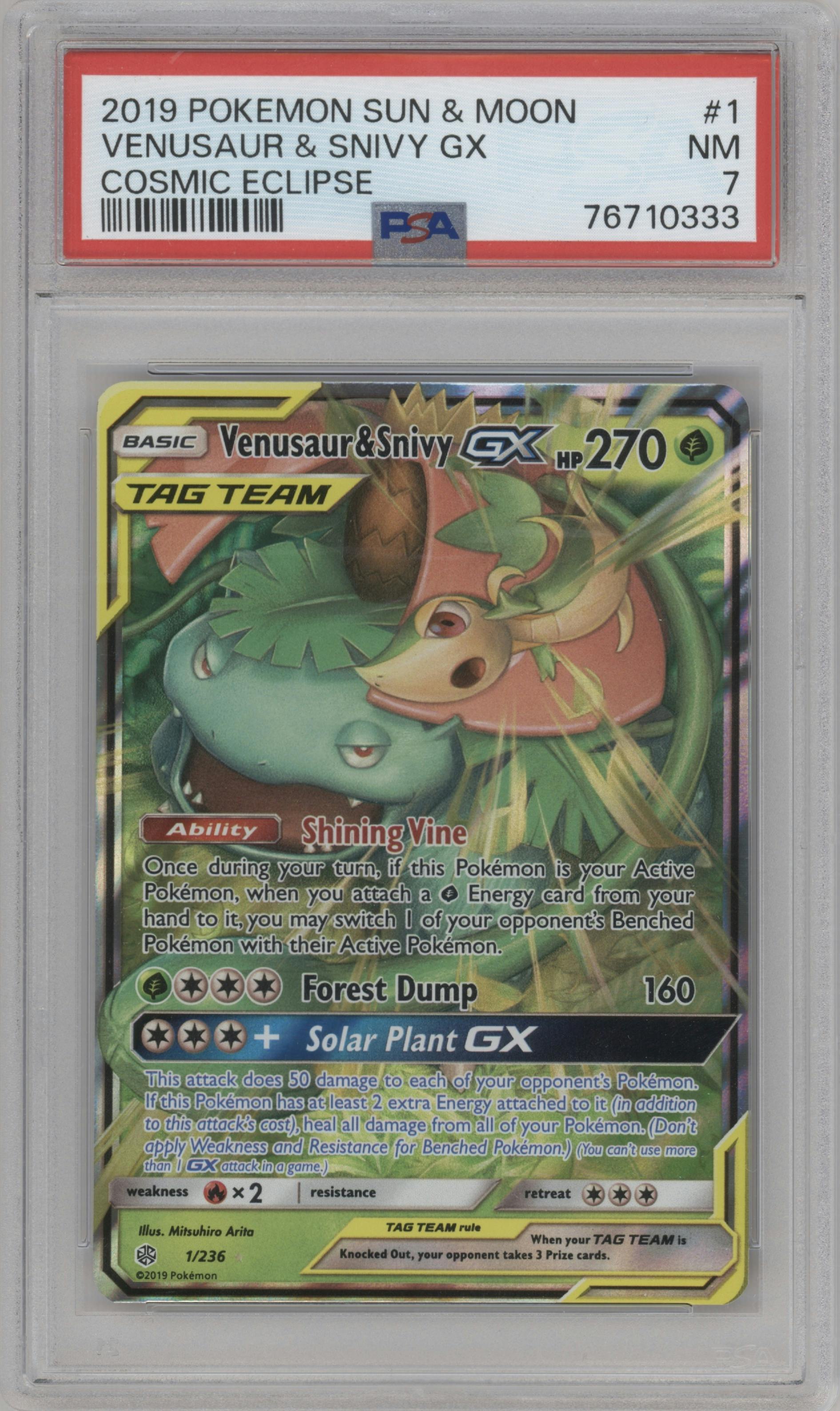 Venusaur/Snivy GX from the 2019 Pokemon S&M  set graded by PSA and given an overall grade of 7.