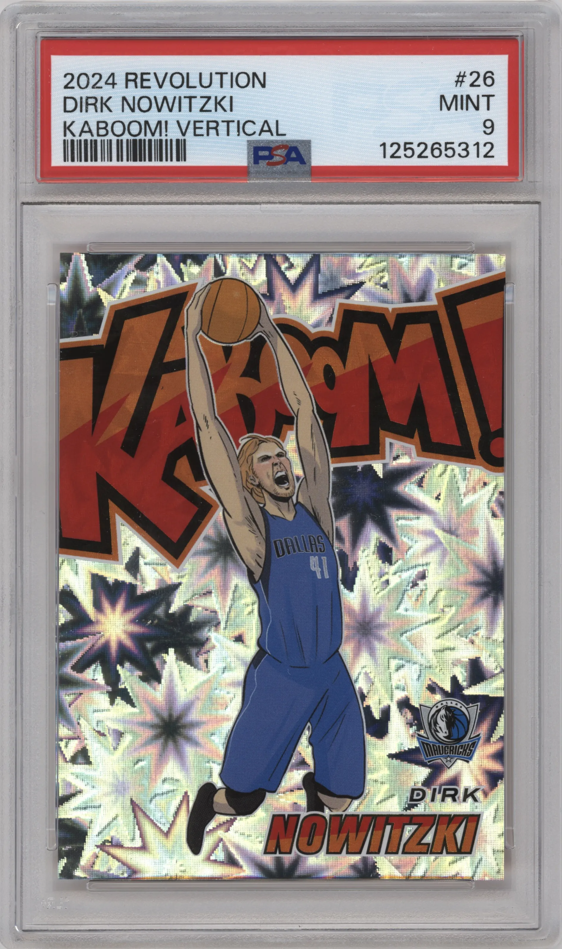 Dirk Nowitzki from the 2024-25 Panini Revolution set graded by PSA and given an overall grade of 9.