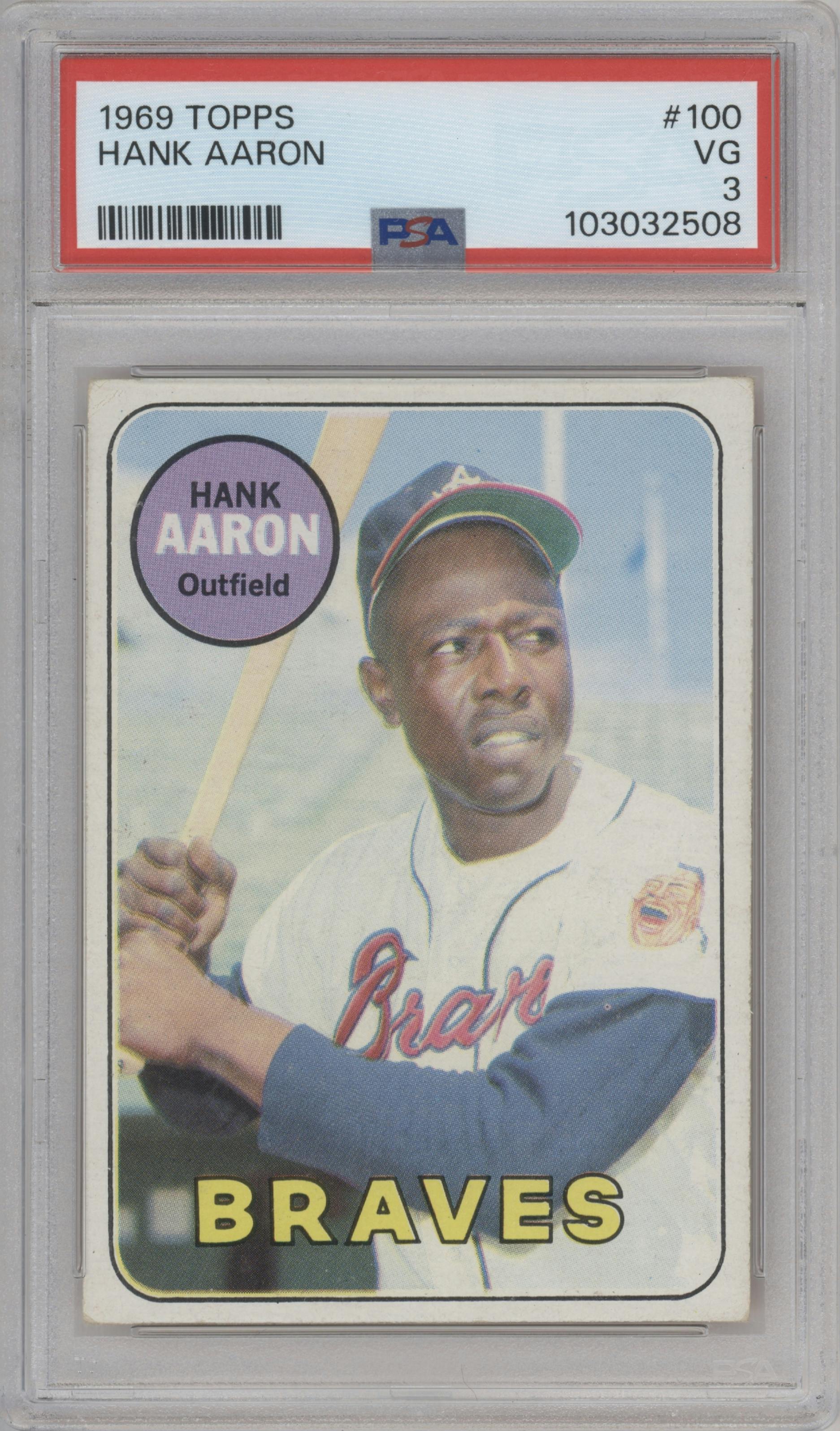 Hank Aaron from the 1969 Topps set graded by PSA and given an overall grade of 3.
