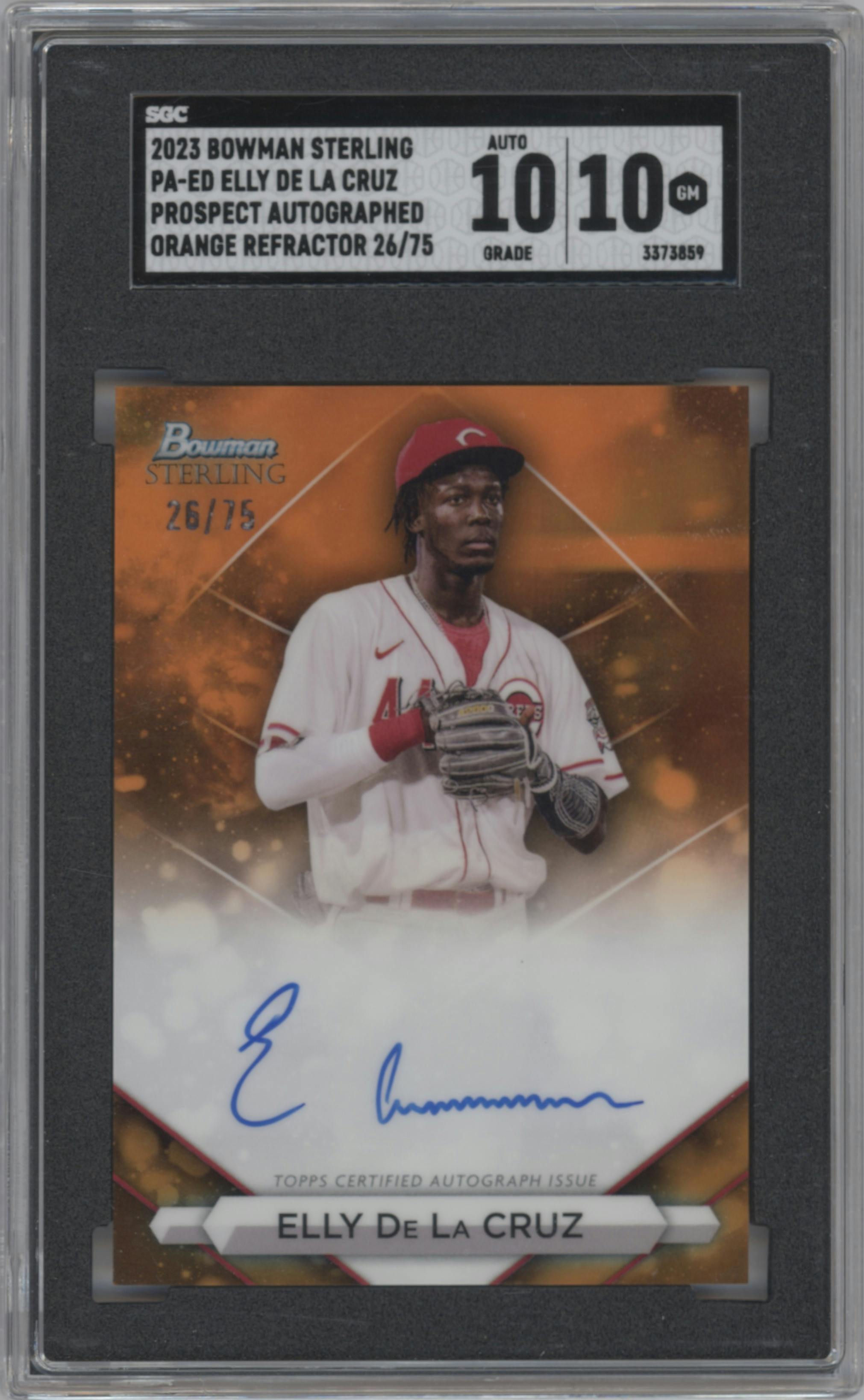  Elly De La Cruz from the 2023 Bowman Sterling set featuring a Orange Refractor parallel graded by SGC and given an overall grade of 10.