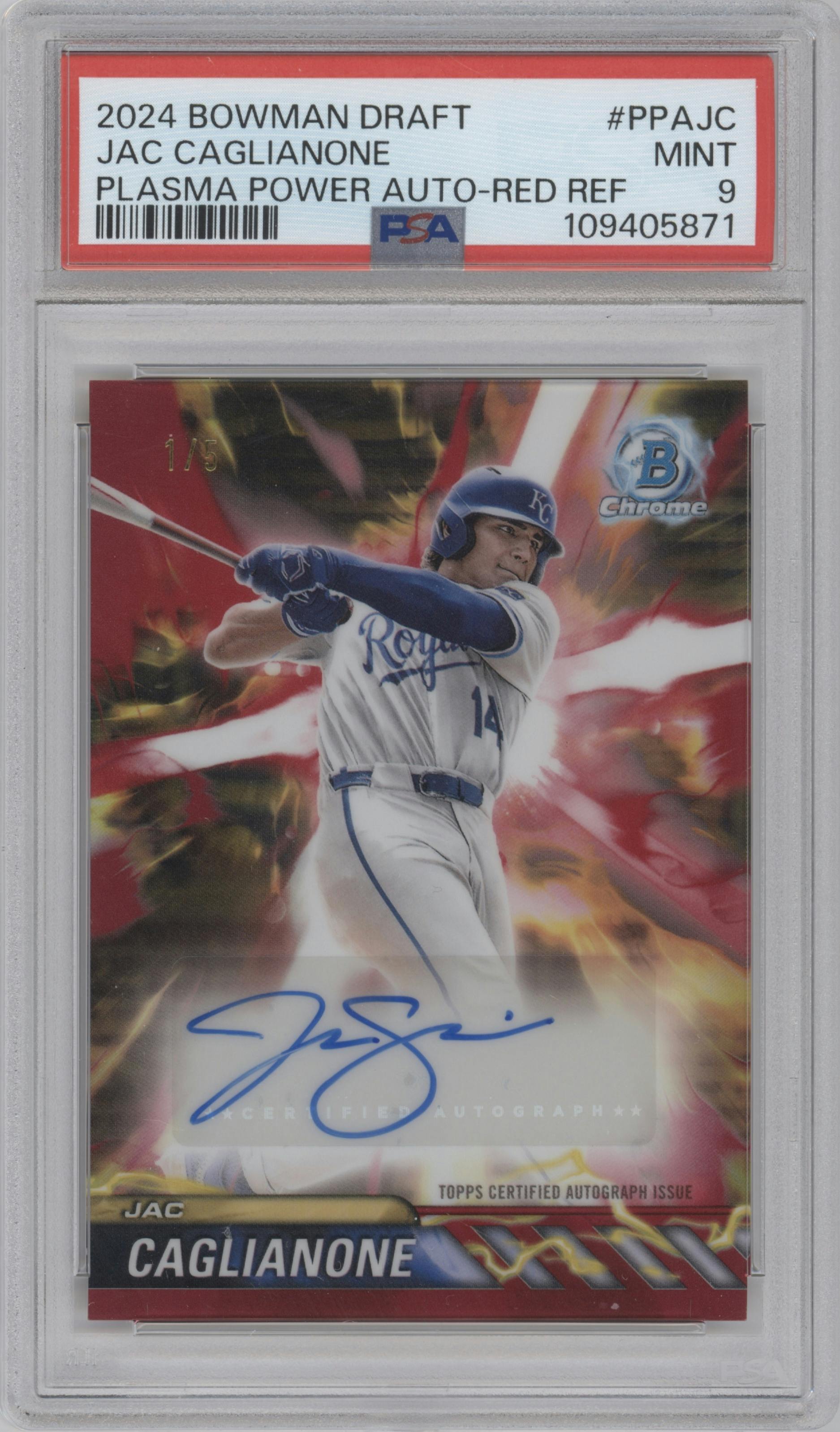 Jac Caglianone  from the 2024 Bowman Draft set featuring a Red Refractor parallel graded by PSA and given an overall grade of 9.