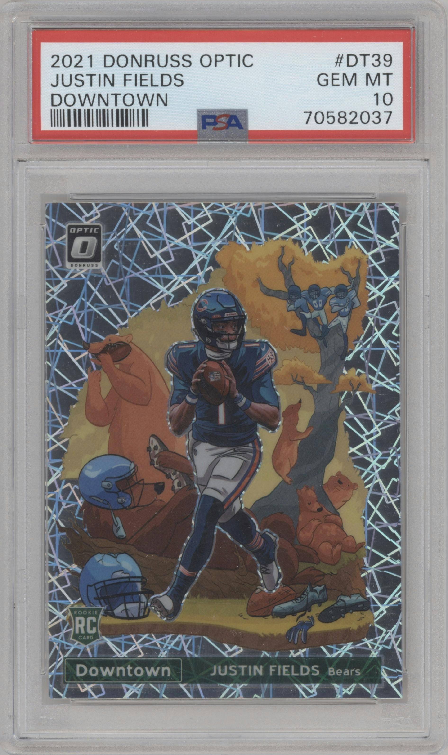 Justin Fields from the 2021 Panini Donruss Optic set graded by PSA and given an overall grade of 10.