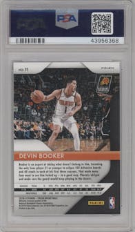 Devin Booker from the 2018-19 Panini Prizm set featuring a White Sparkle Prizm parallel graded by PSA and given an overall grade of 10.