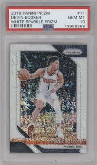 Devin Booker from the 2018-19 Panini Prizm set featuring a White Sparkle Prizm parallel graded by PSA and given an overall grade of 10.