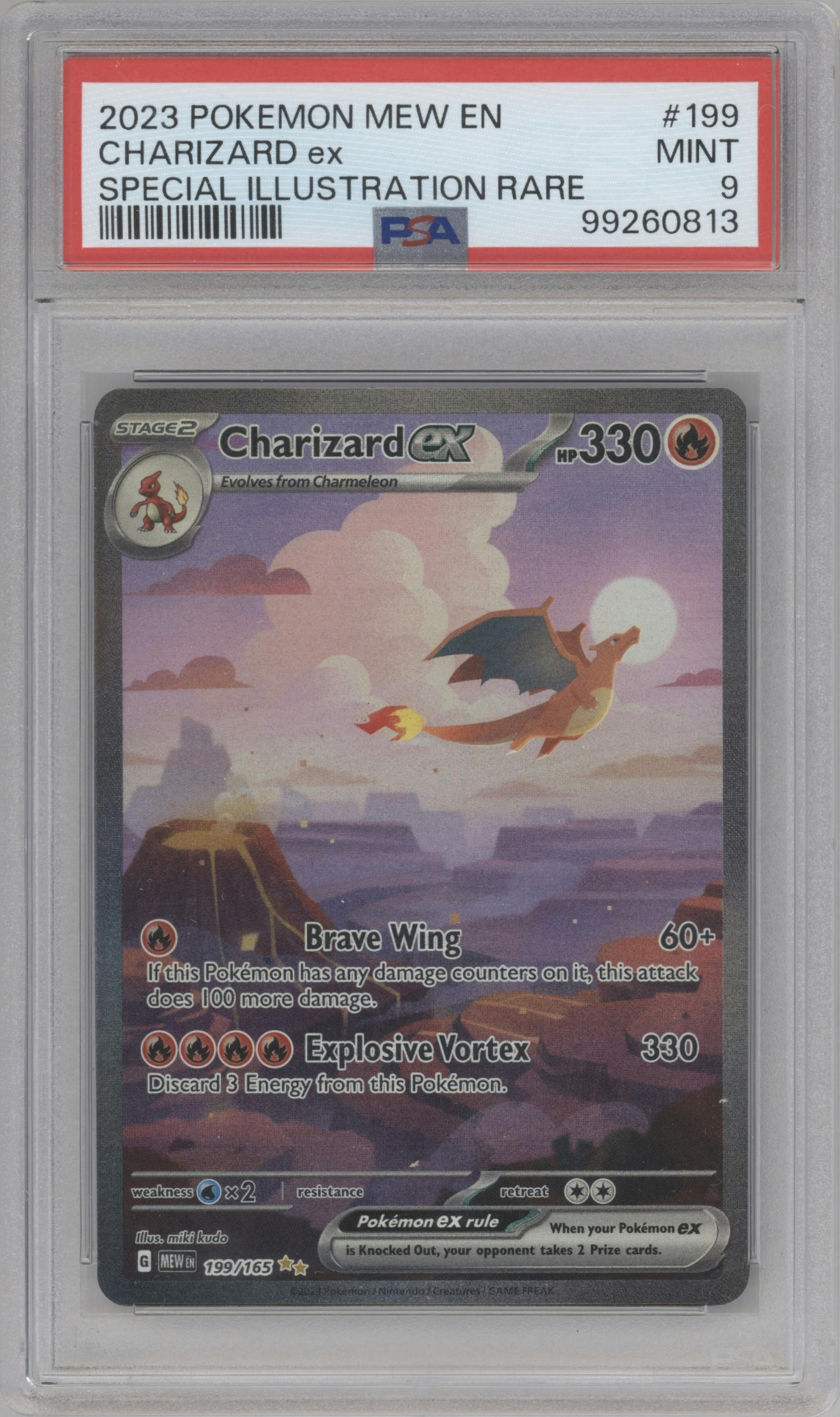 Charizard ex from the 2023 Pokemon SV set graded by PSA and given an overall grade of 9.