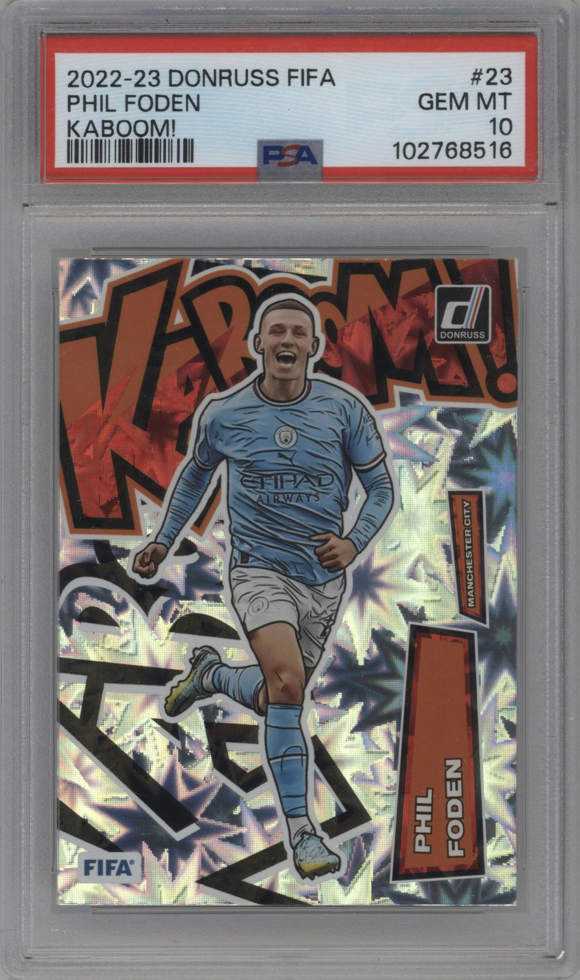 Phil Foden from the 2022-23 Panini Donruss  set graded by PSA and given an overall grade of 10.