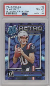 Drake Maye from the 2024 Donruss set graded by PSA and given an overall grade of 10.