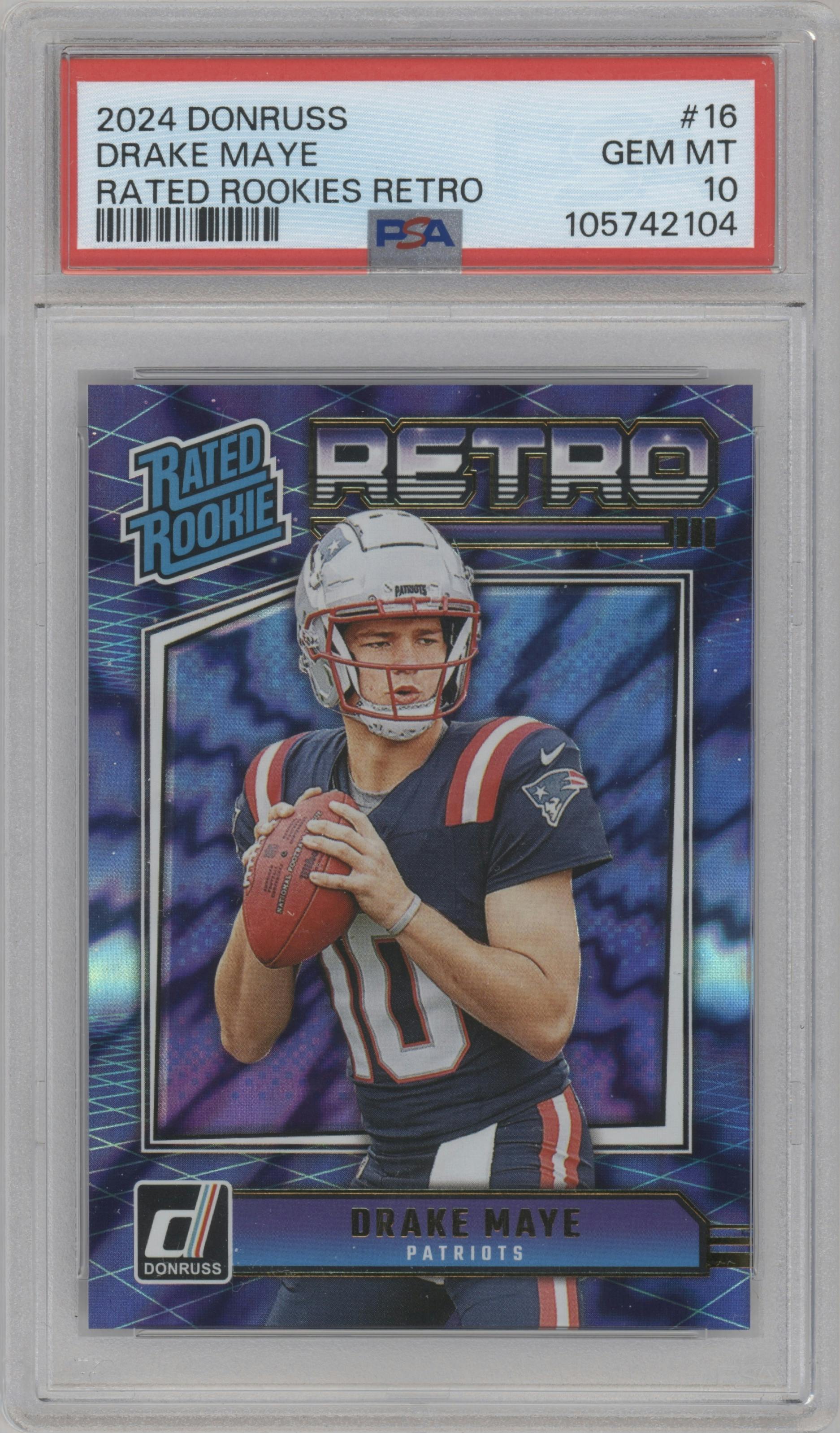 Drake Maye from the 2024 Donruss set graded by PSA and given an overall grade of 10.