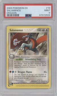 Salamence from the 2003 Pokemon EX set graded by PSA and given an overall grade of 9.