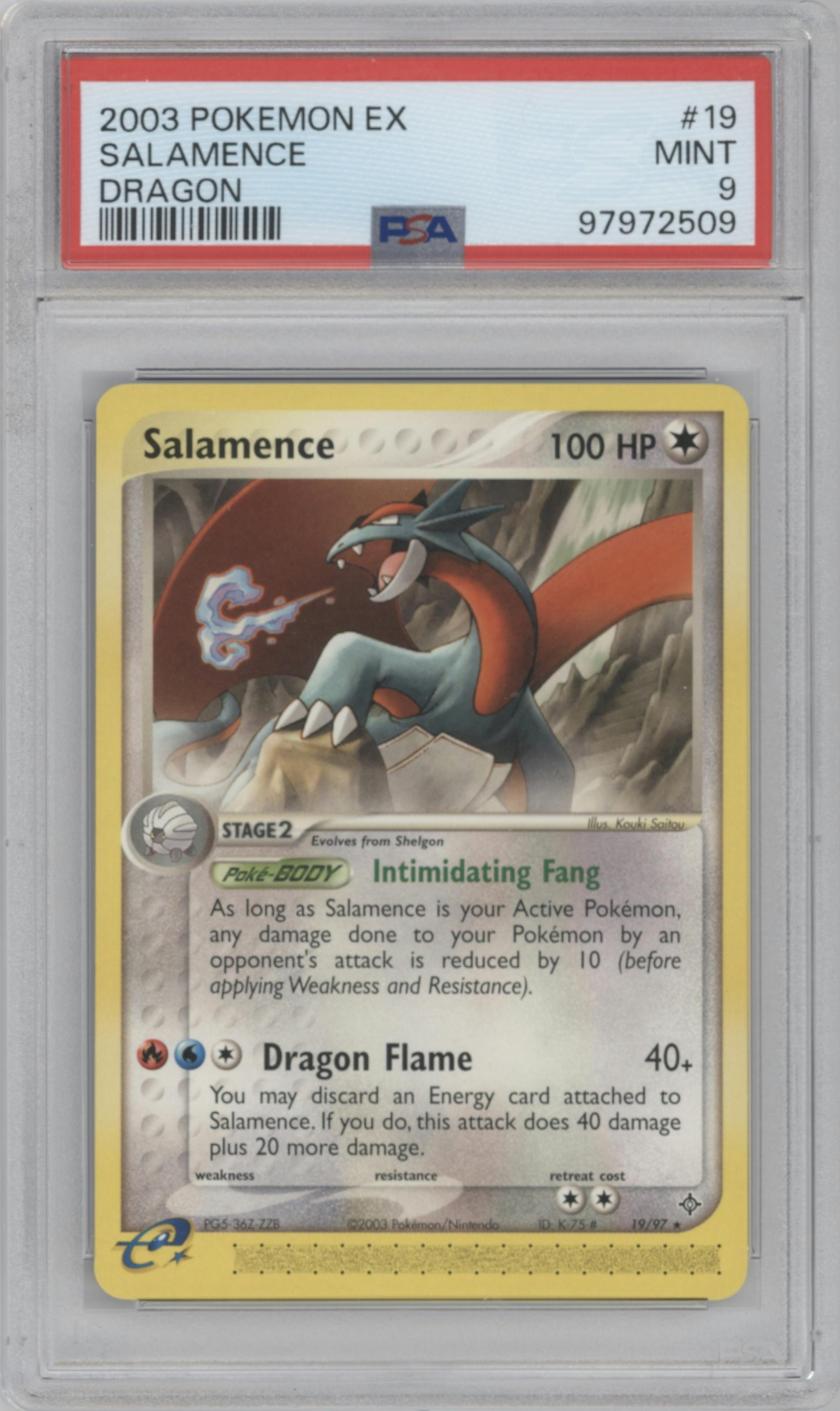 Salamence from the 2003 Pokemon EX set graded by PSA and given an overall grade of 9.