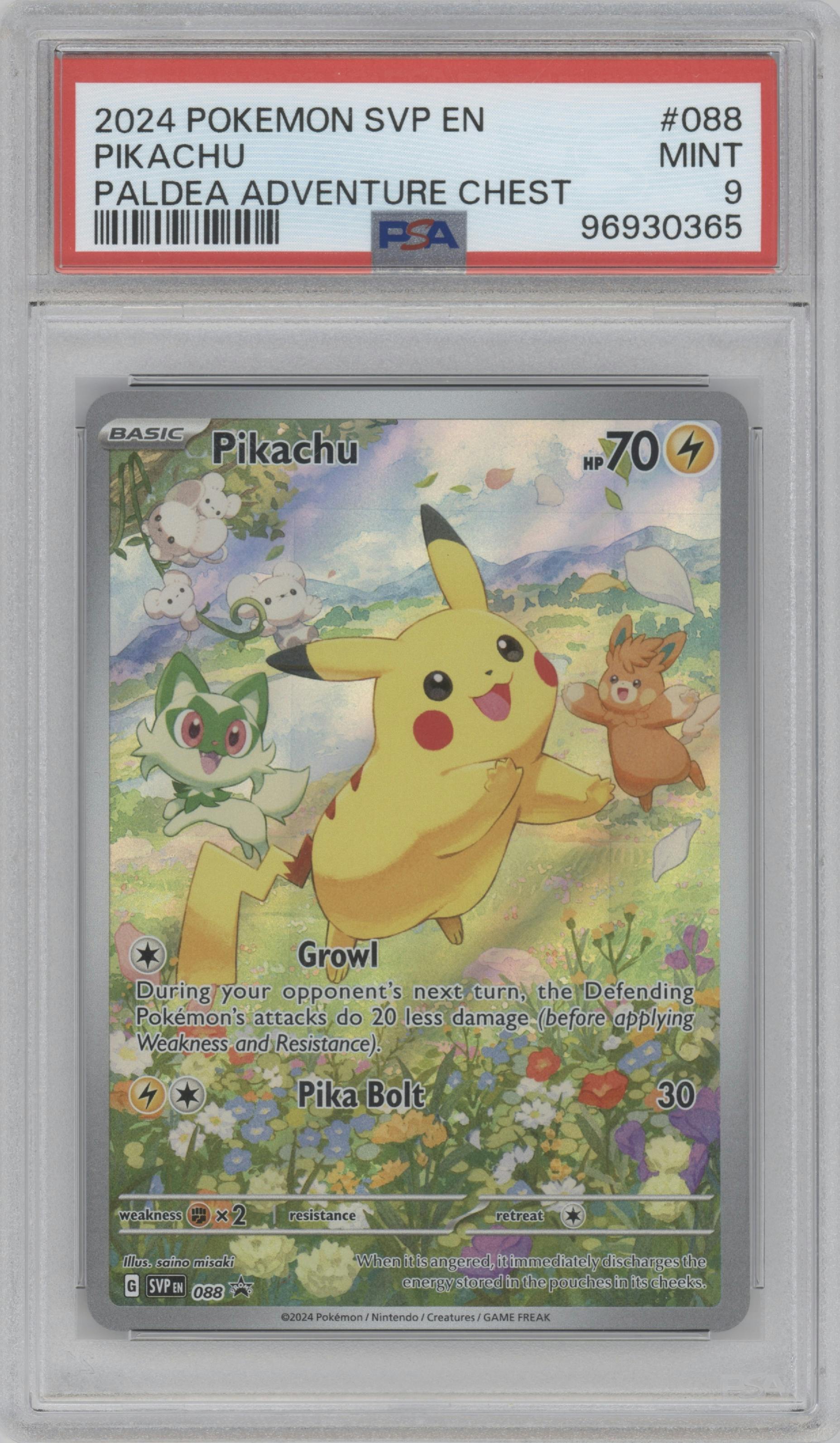 Pikachu from the 2024 Pokemon SV set featuring a Paldea Adventure Chest parallel graded by PSA and given an overall grade of 9.