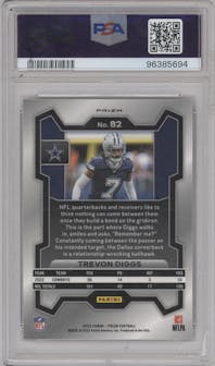 Trevon Diggs from the 2023 Panini Prizm set featuring a Red/White/Blue parallel graded by PSA and given an overall grade of 10.