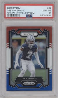 Trevon Diggs from the 2023 Panini Prizm set featuring a Red/White/Blue parallel graded by PSA and given an overall grade of 10.