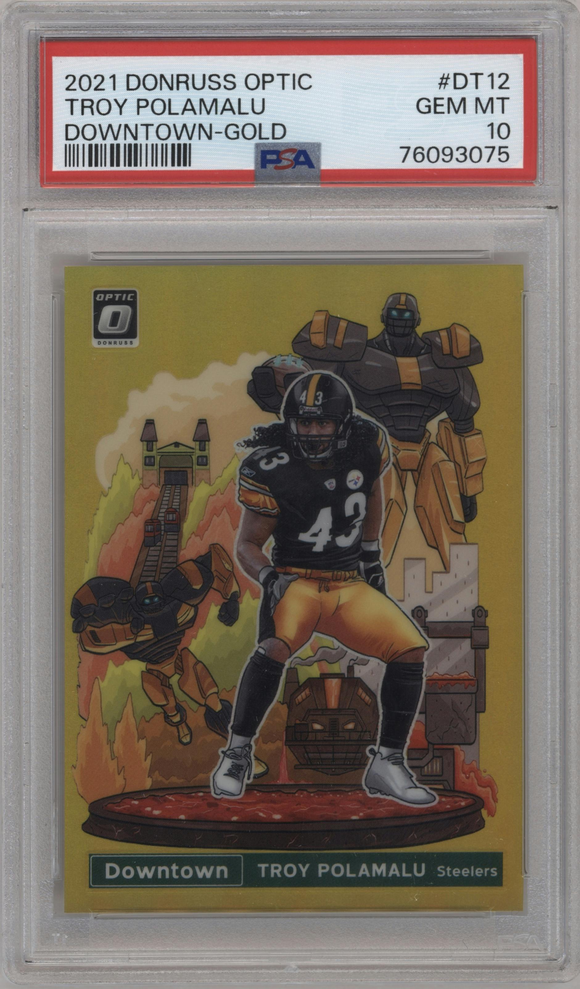 Troy Polamalu from the 2021 Panini Donruss Optic set featuring a Gold parallel graded by PSA and given an overall grade of 10.