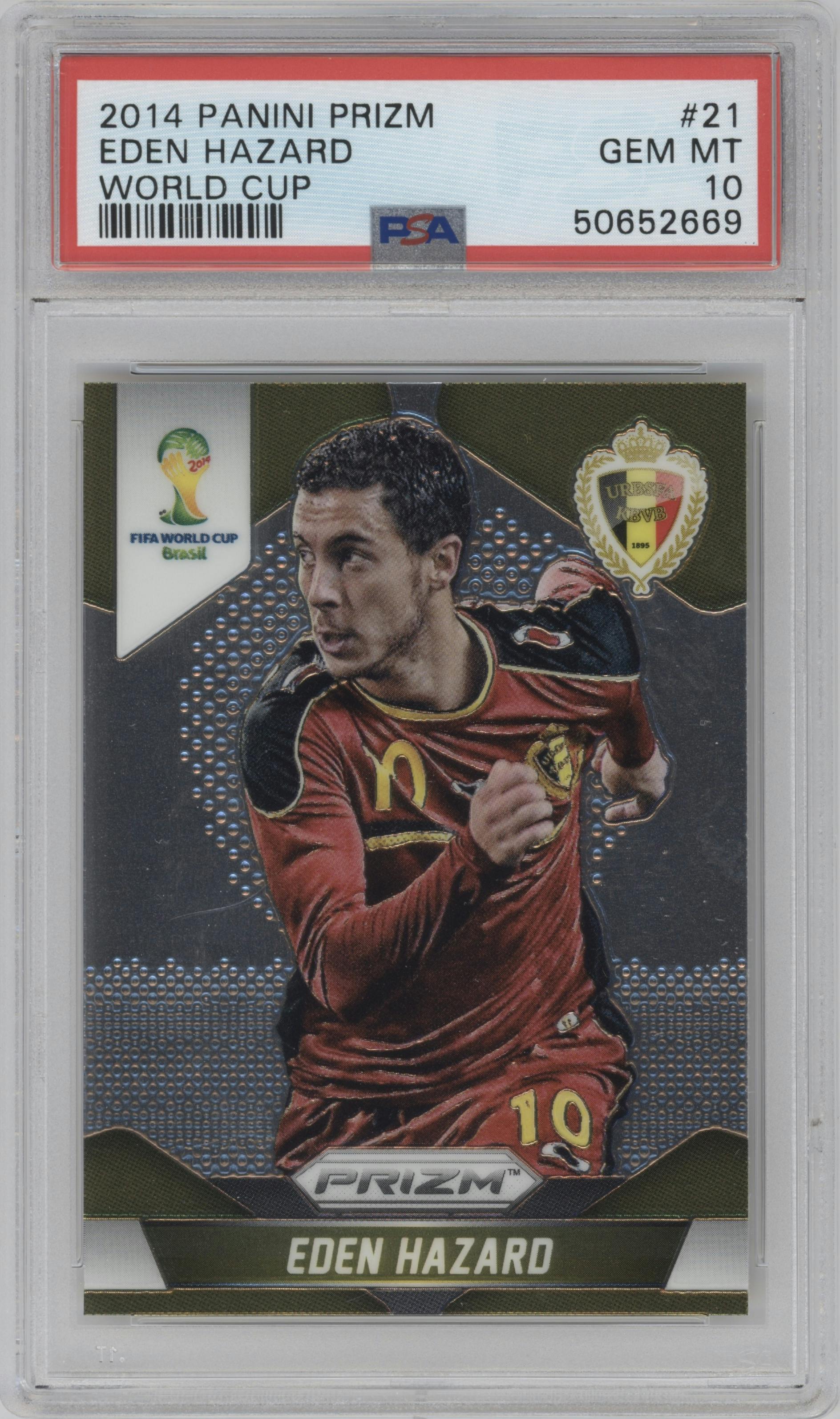 Eden Hazard from the 2014 Panini Prizm World Cup set graded by PSA and given an overall grade of 10.