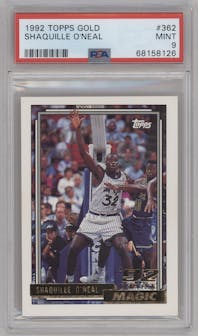 Shaquille O'Neal from the 1992-93 Topps set featuring a Gold parallel graded by PSA and given an overall grade of 9.