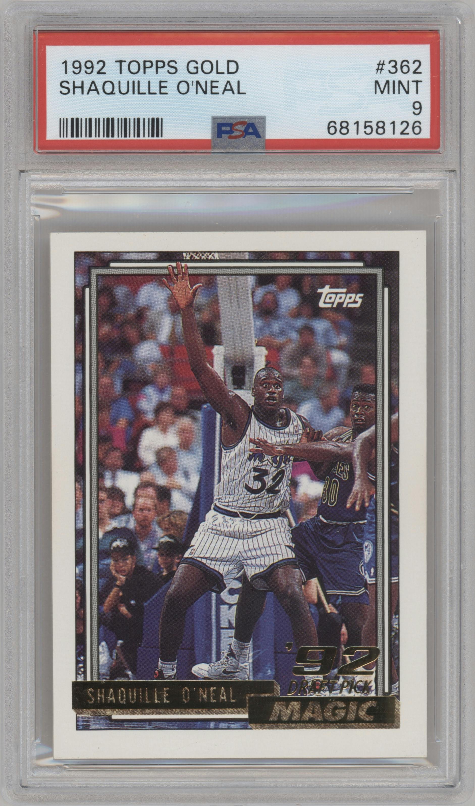 Shaquille O'Neal from the 1992-93 Topps set featuring a Gold parallel graded by PSA and given an overall grade of 9.