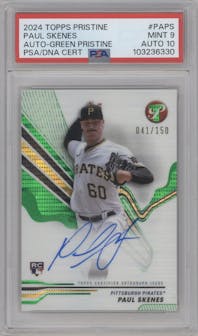 Paul Skenes from the 2024 Topps Pristine set featuring a Green Pristine Pulsar Refractor parallel graded by PSA and given an overall grade of 9.