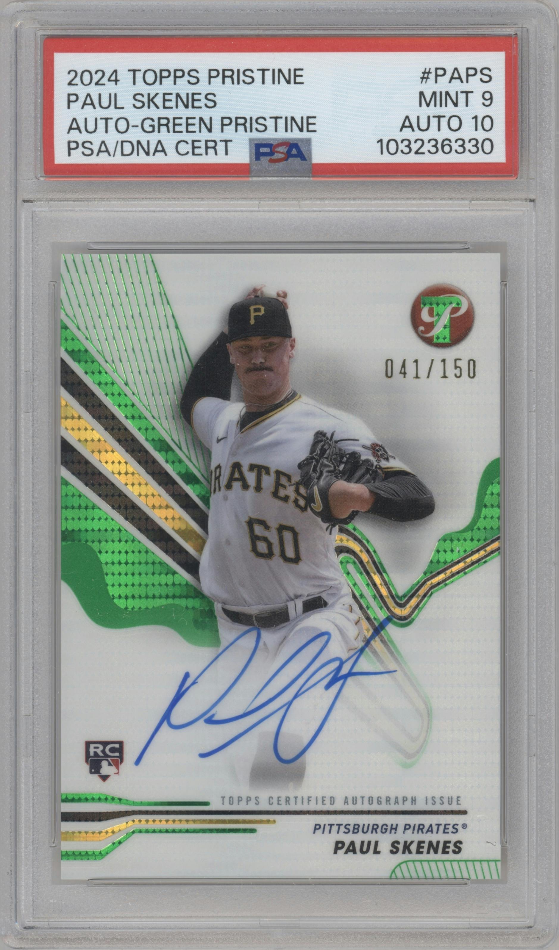 Paul Skenes from the 2024 Topps Pristine set featuring a Green Pristine Pulsar Refractor parallel graded by PSA and given an overall grade of 9.