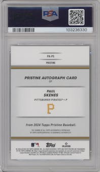 Paul Skenes from the 2024 Topps Pristine set featuring a Green Pristine Pulsar Refractor parallel graded by PSA and given an overall grade of 9.