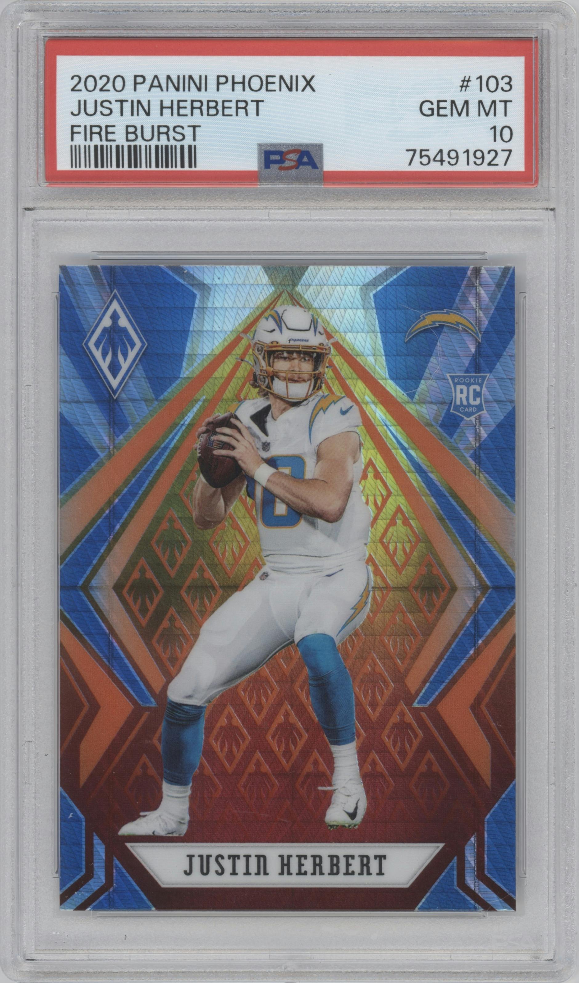 Justin Herbert from the 2020 Panini Phoenix set featuring a Fire Burst parallel graded by PSA and given an overall grade of 10.