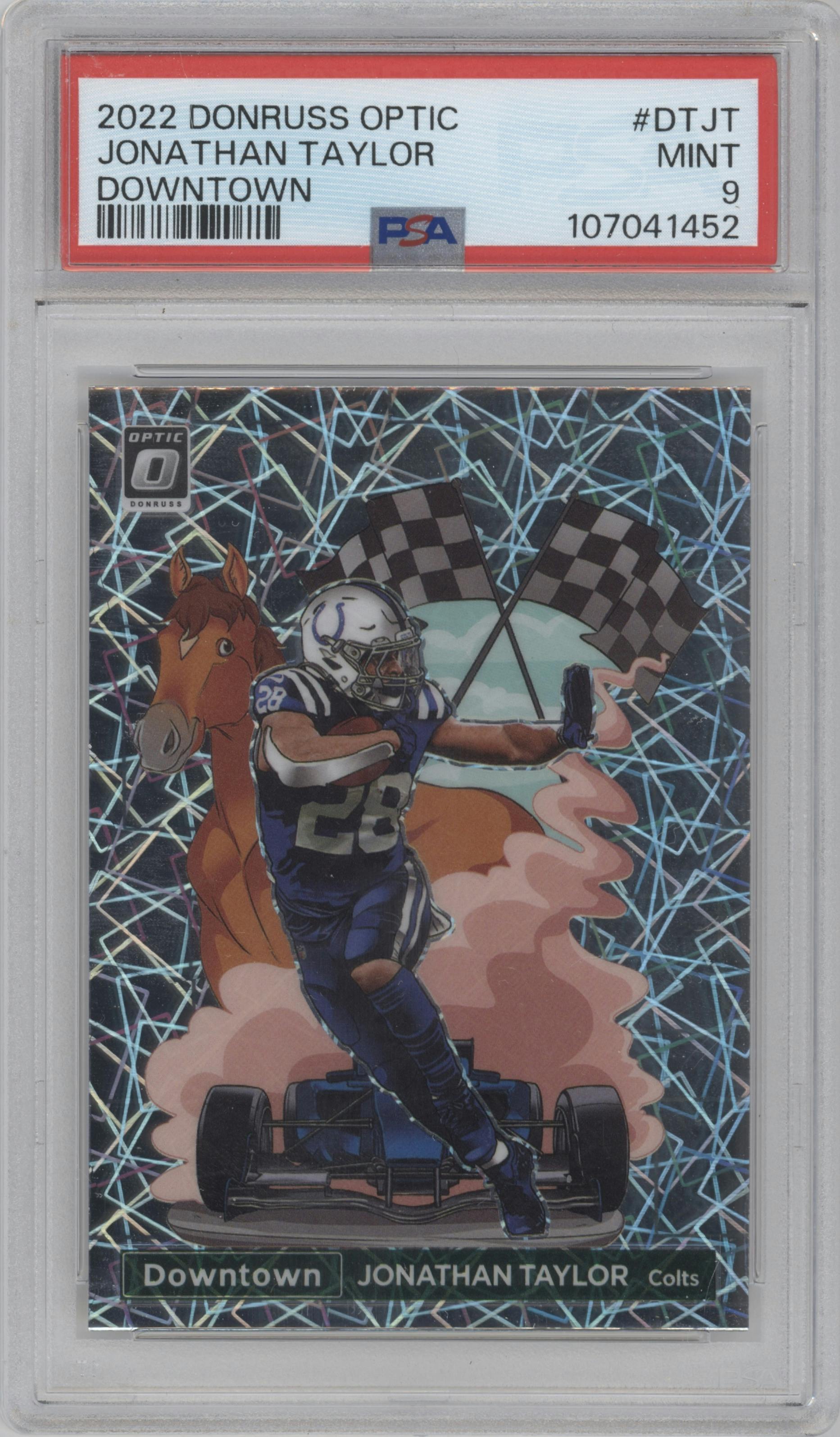  Jonathan Taylor from the 2022 Panini Donruss Optic set graded by PSA and given an overall grade of 9.