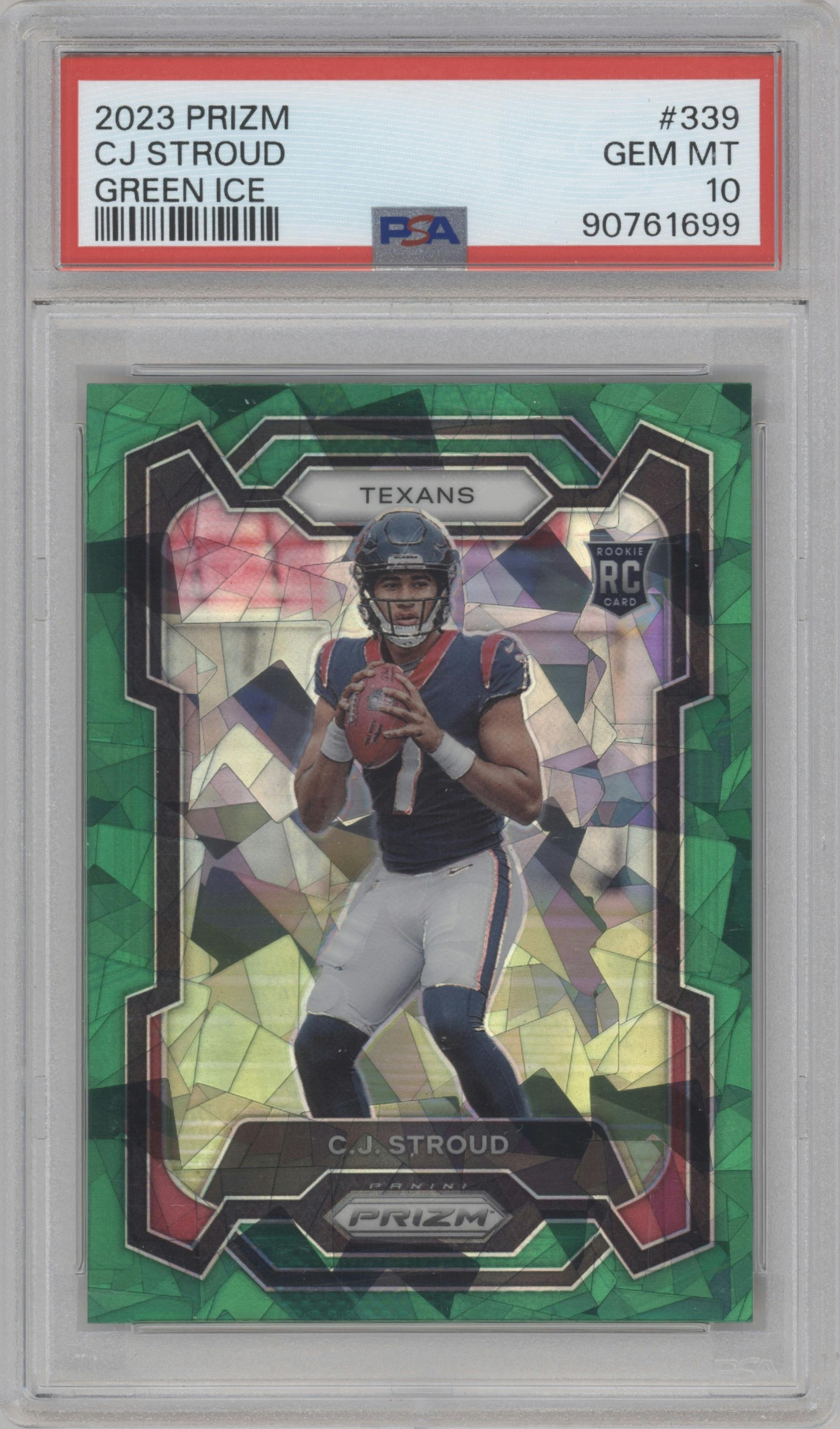 C.J. Stroud from the 2023 Panini Prizm set featuring a Green Ice parallel graded by PSA and given an overall grade of 10.