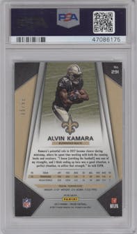 Alvin Kamara from the 2017 Panini Prizm set featuring a Green Scope parallel graded by PSA and given an overall grade of 10.