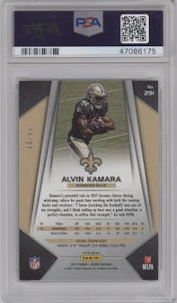 Alvin Kamara from the 2017 Panini Prizm set featuring a Green Scope parallel graded by PSA and given an overall grade of 10.