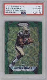 Alvin Kamara from the 2017 Panini Prizm set featuring a Green Scope parallel graded by PSA and given an overall grade of 10.