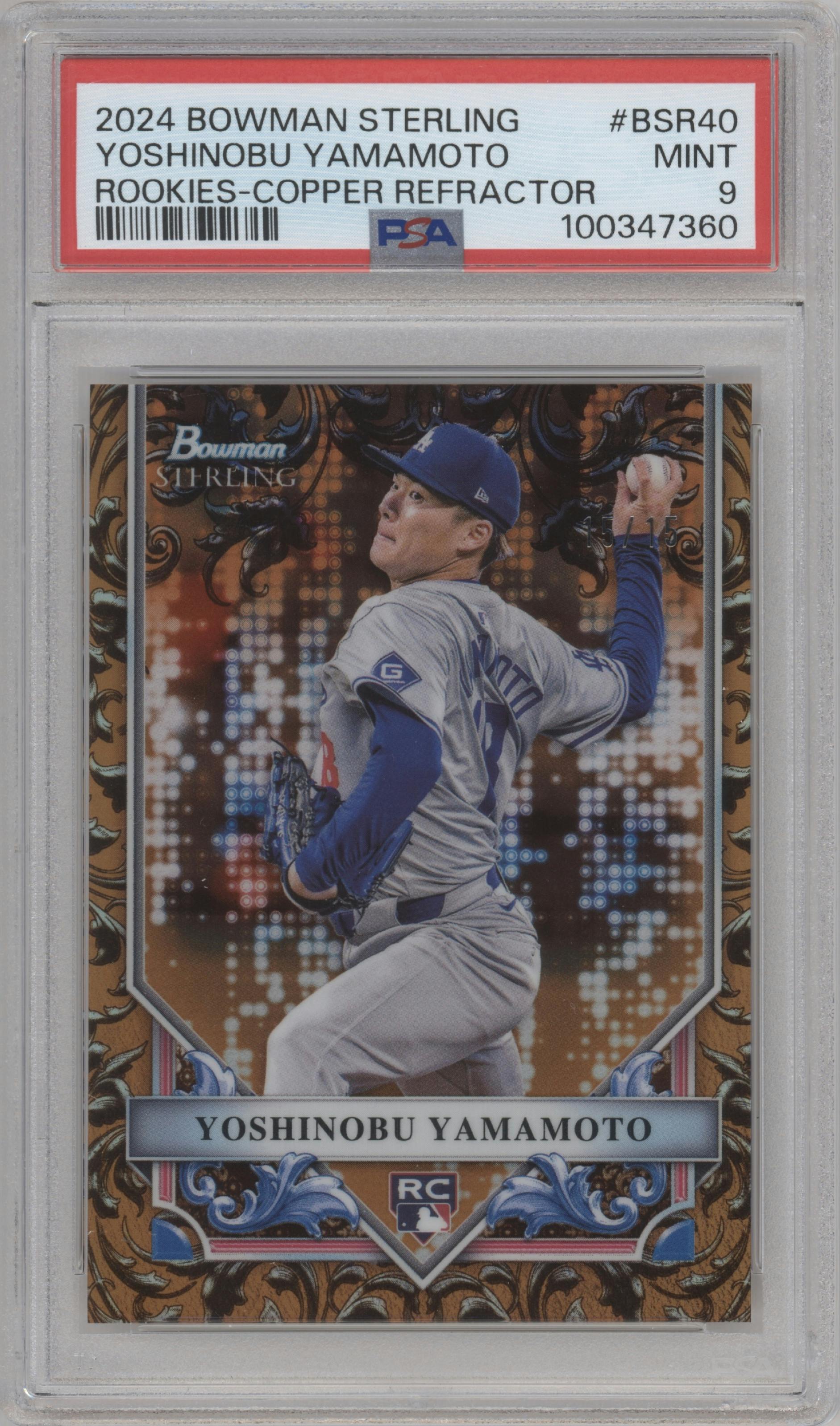 Yoshinobu Yamamoto from the 2024 Bowman Sterling set featuring a Copper parallel graded by PSA and given an overall grade of 9.
