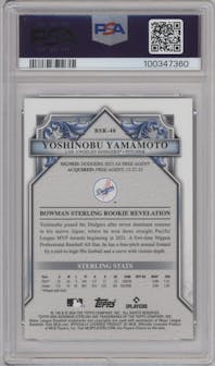 Yoshinobu Yamamoto from the 2024 Bowman Sterling set featuring a Copper parallel graded by PSA and given an overall grade of 9.