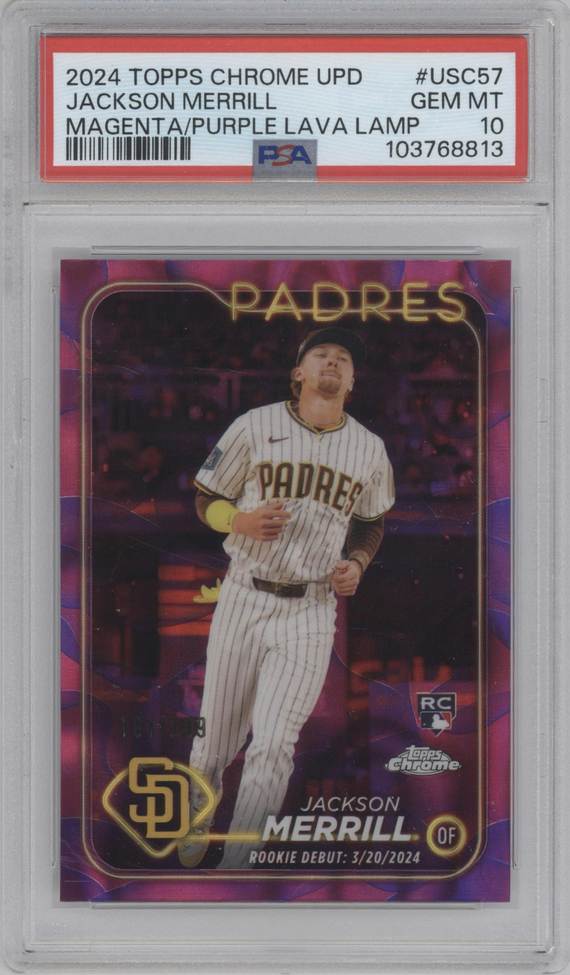 Jackson Merrill from the 2024 Topps Chrome Update set featuring a Magenta/Purple Lava Lamp Refractors parallel graded by PSA and given an overall grade of 10.