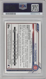 Riley Thompson from the 2021 Bowman set featuring a Gold Refractor  parallel graded by PSA and given an overall grade of 9.