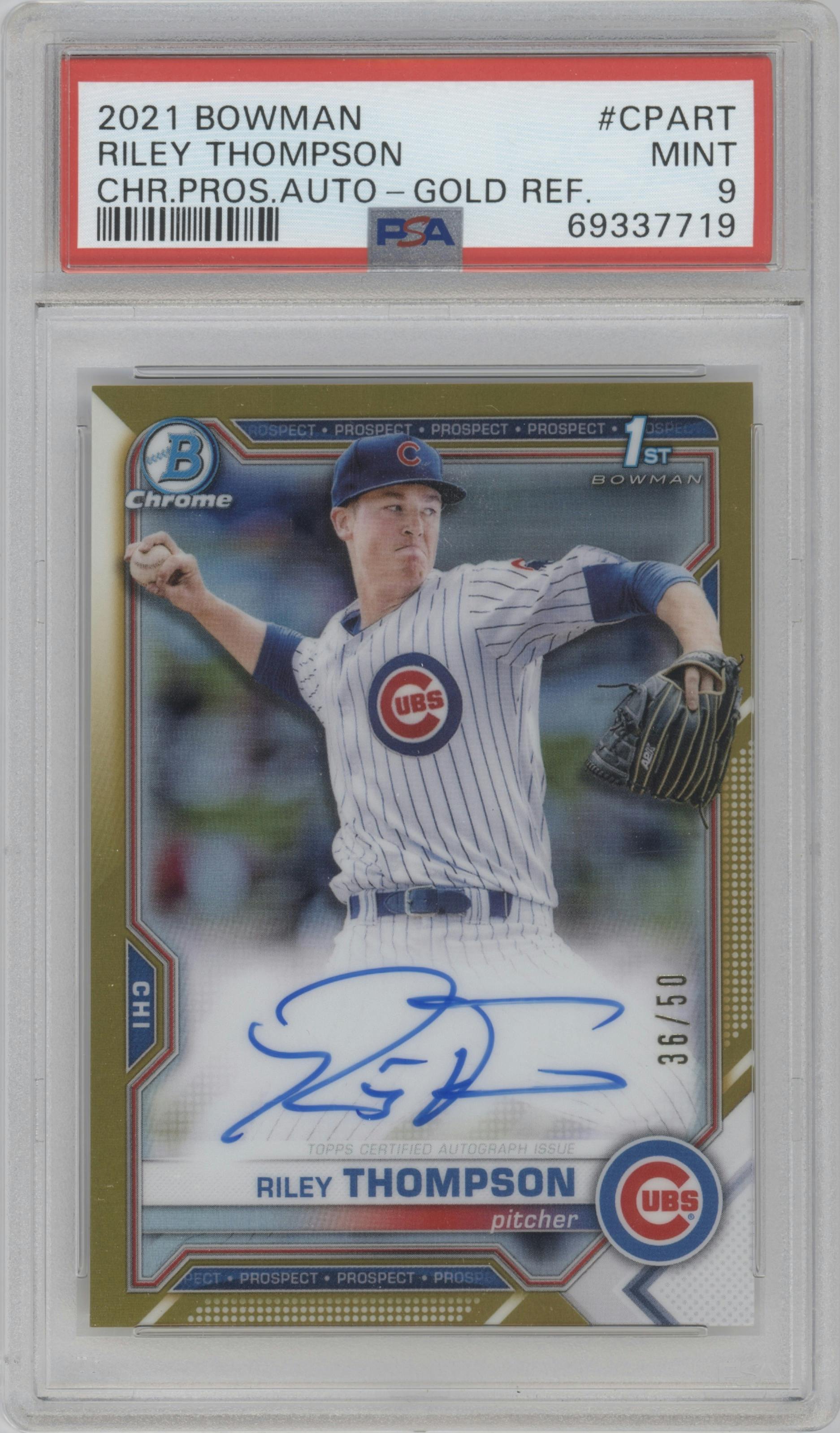 Riley Thompson from the 2021 Bowman set featuring a Gold Refractor  parallel graded by PSA and given an overall grade of 9.