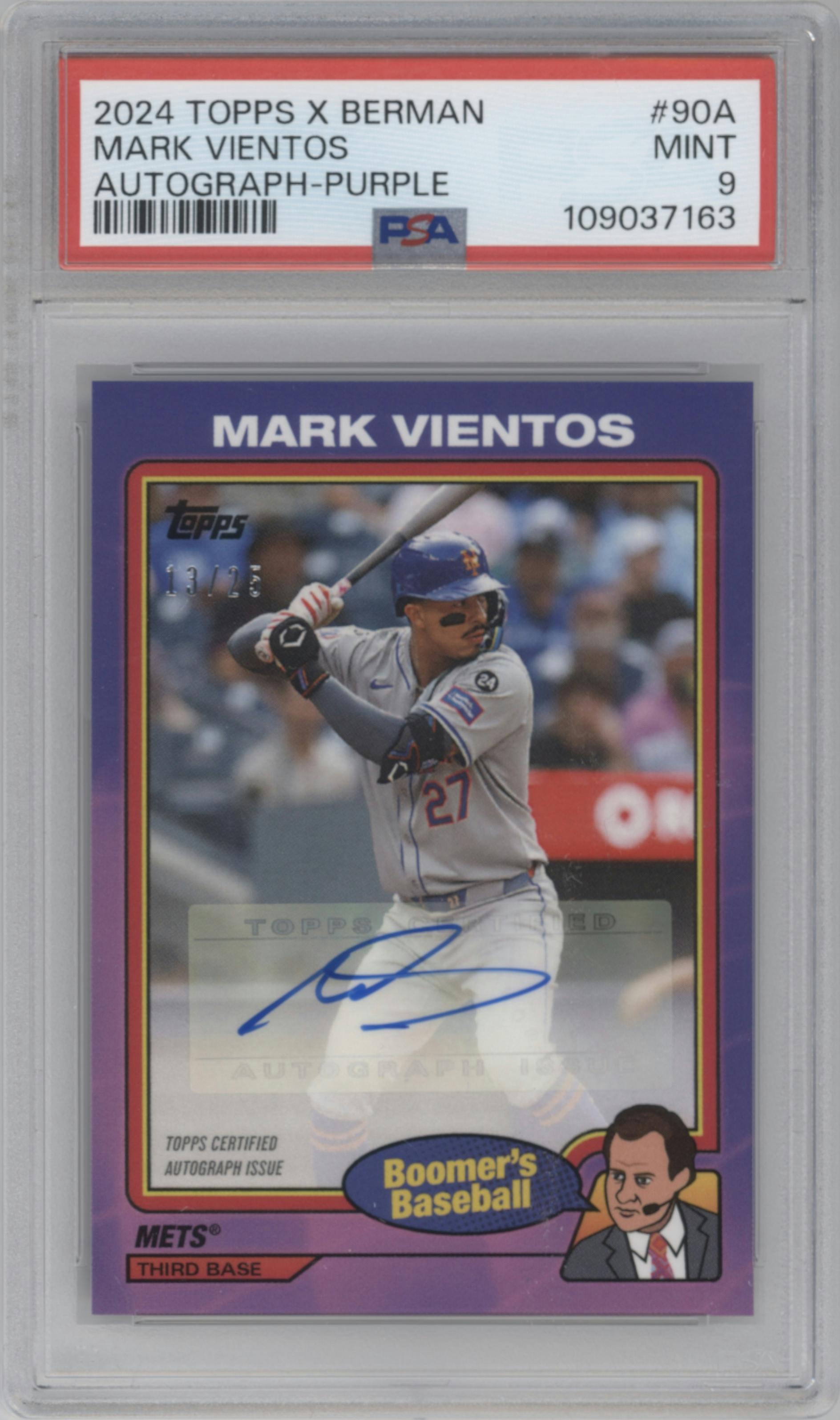 Mark Vientos from the 2024 Topps x Chris Berman: Boomer's Baseball set featuring a Purple parallel graded by PSA and given an overall grade of 9.