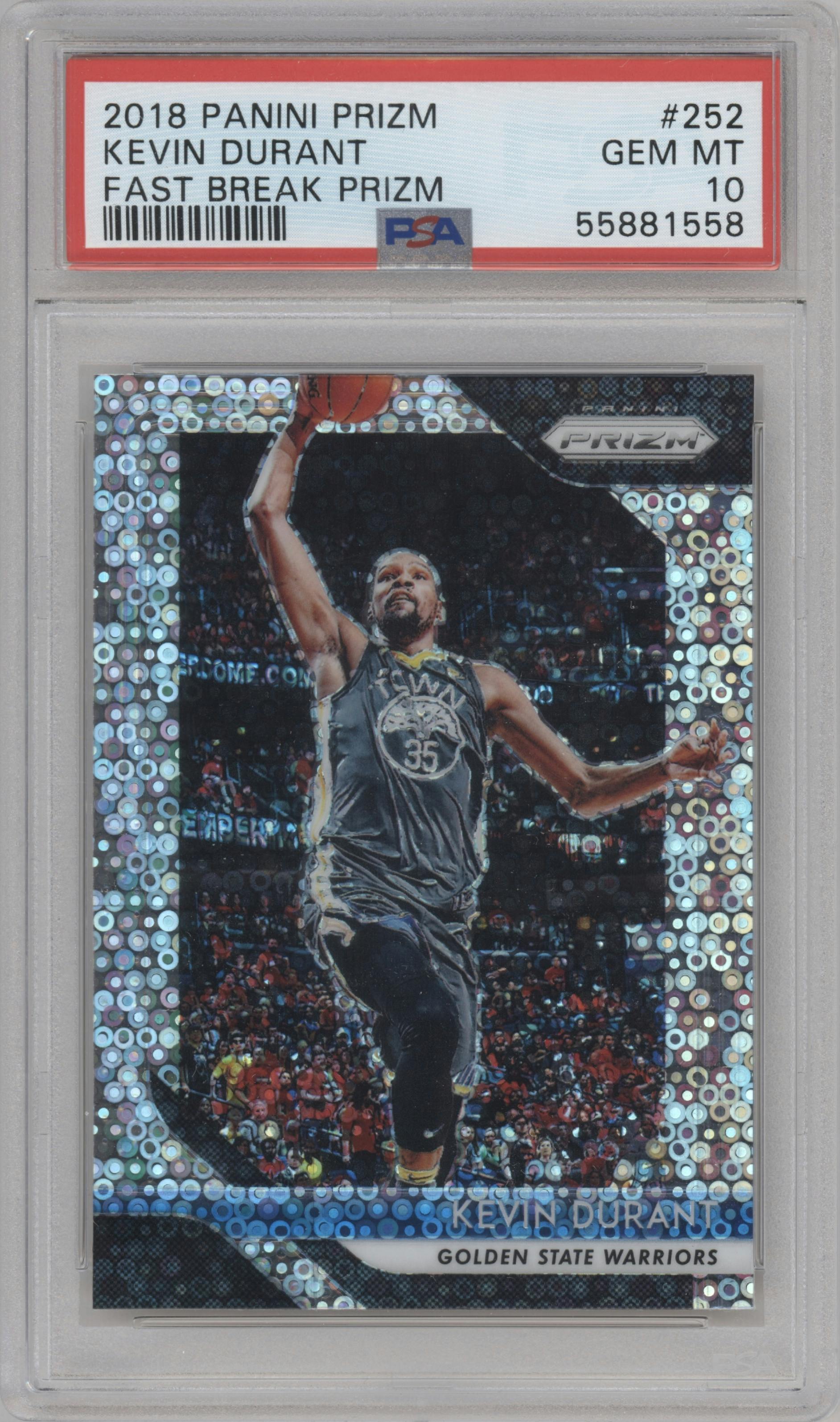 Kevin Durant from the 2018-19 Panini Prizm set featuring a Fast Break parallel graded by PSA and given an overall grade of 10.