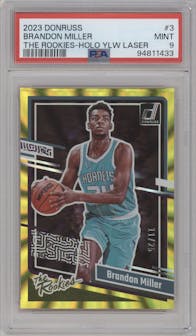 Brandon Miller from the 2023-24 Panini Donruss set featuring a Yellow Holo Laser parallel graded by PSA and given an overall grade of 9.