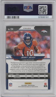 Jerry Jeudy from the 2020 Panini Prizm set featuring a Silver Prizm parallel graded by PSA and given an overall grade of 10.