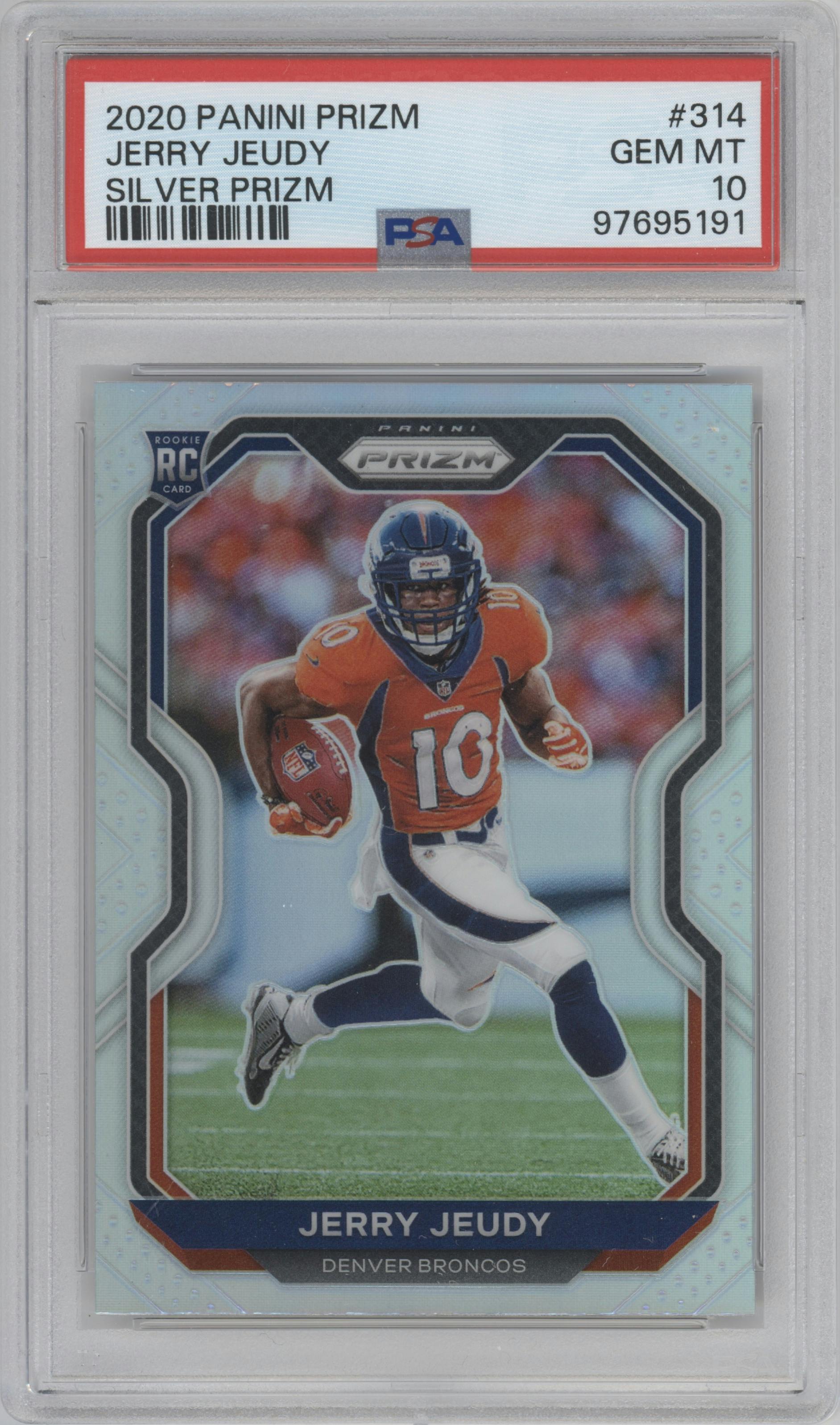 Jerry Jeudy from the 2020 Panini Prizm set featuring a Silver Prizm parallel graded by PSA and given an overall grade of 10.