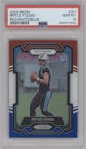 Bryce Young from the 2023 Panini Prizm set featuring a Red/White/Blue parallel graded by PSA and given an overall grade of 10.