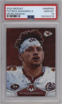 Patrick Mahomes II from the 2024 Panini Mosaic set graded by PSA and given an overall grade of 10.