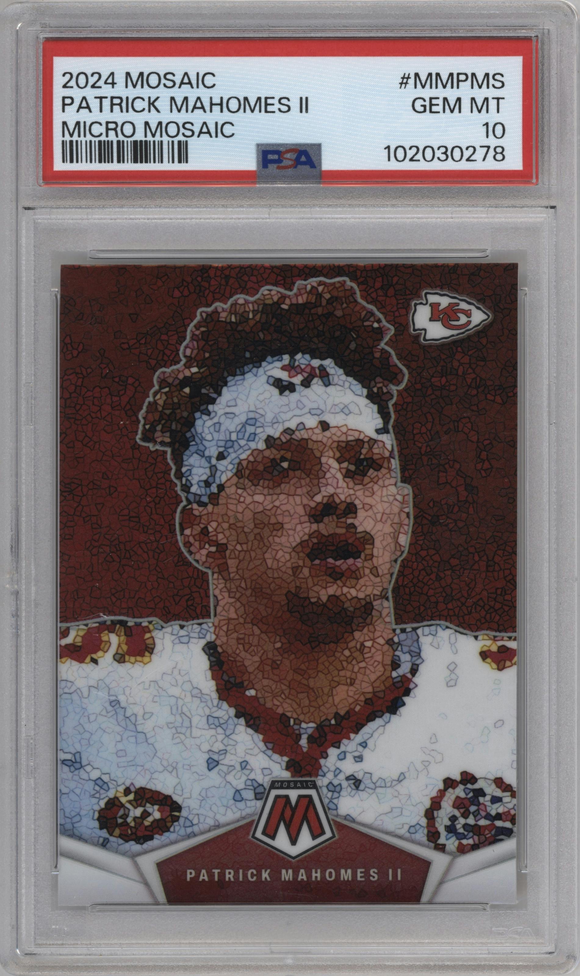 Patrick Mahomes II from the 2024 Panini Mosaic set graded by PSA and given an overall grade of 10.