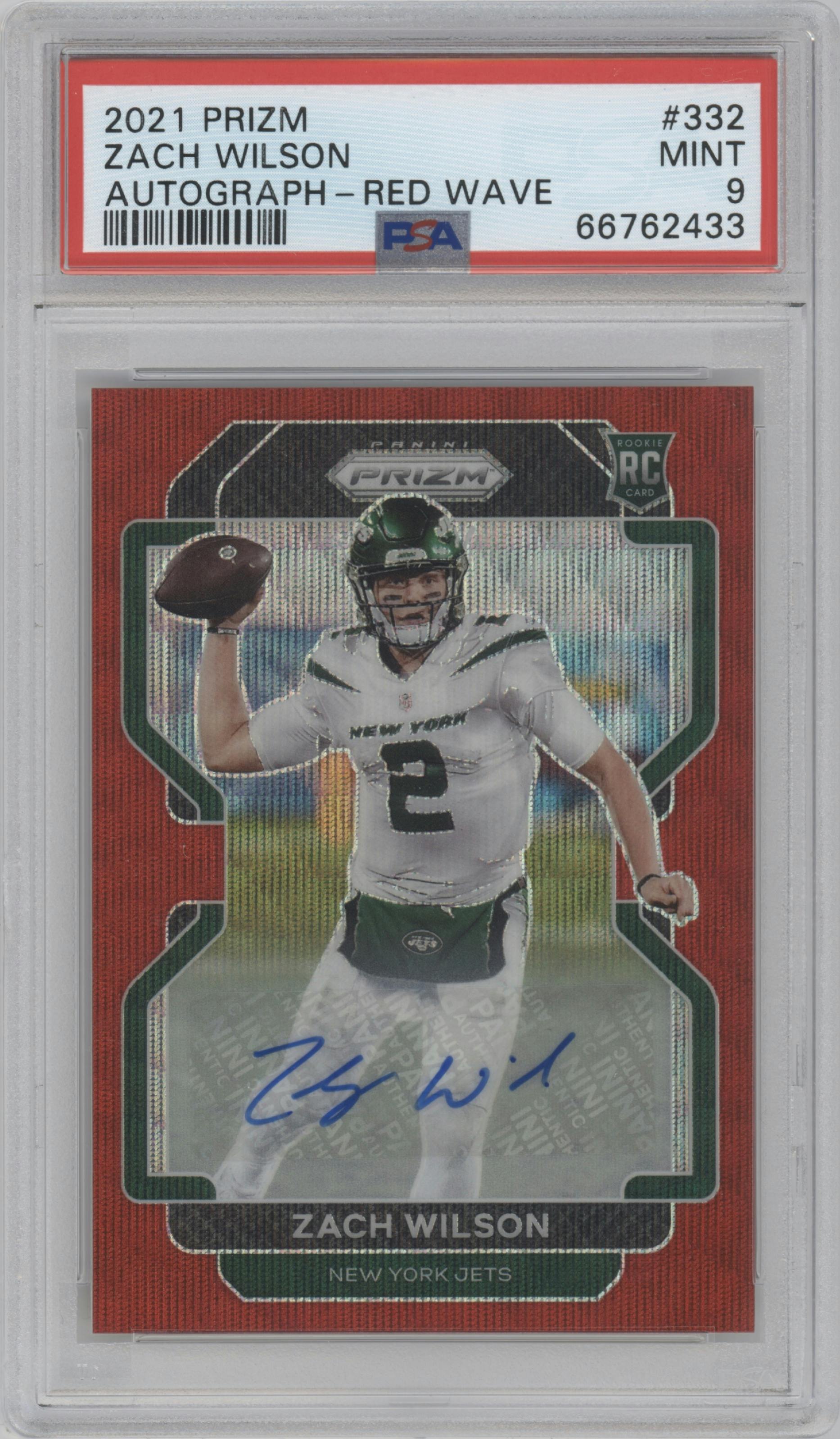 Zach Wilson from the 2021 Panini Prizm set featuring a Red Wave parallel graded by PSA and given an overall grade of 9.