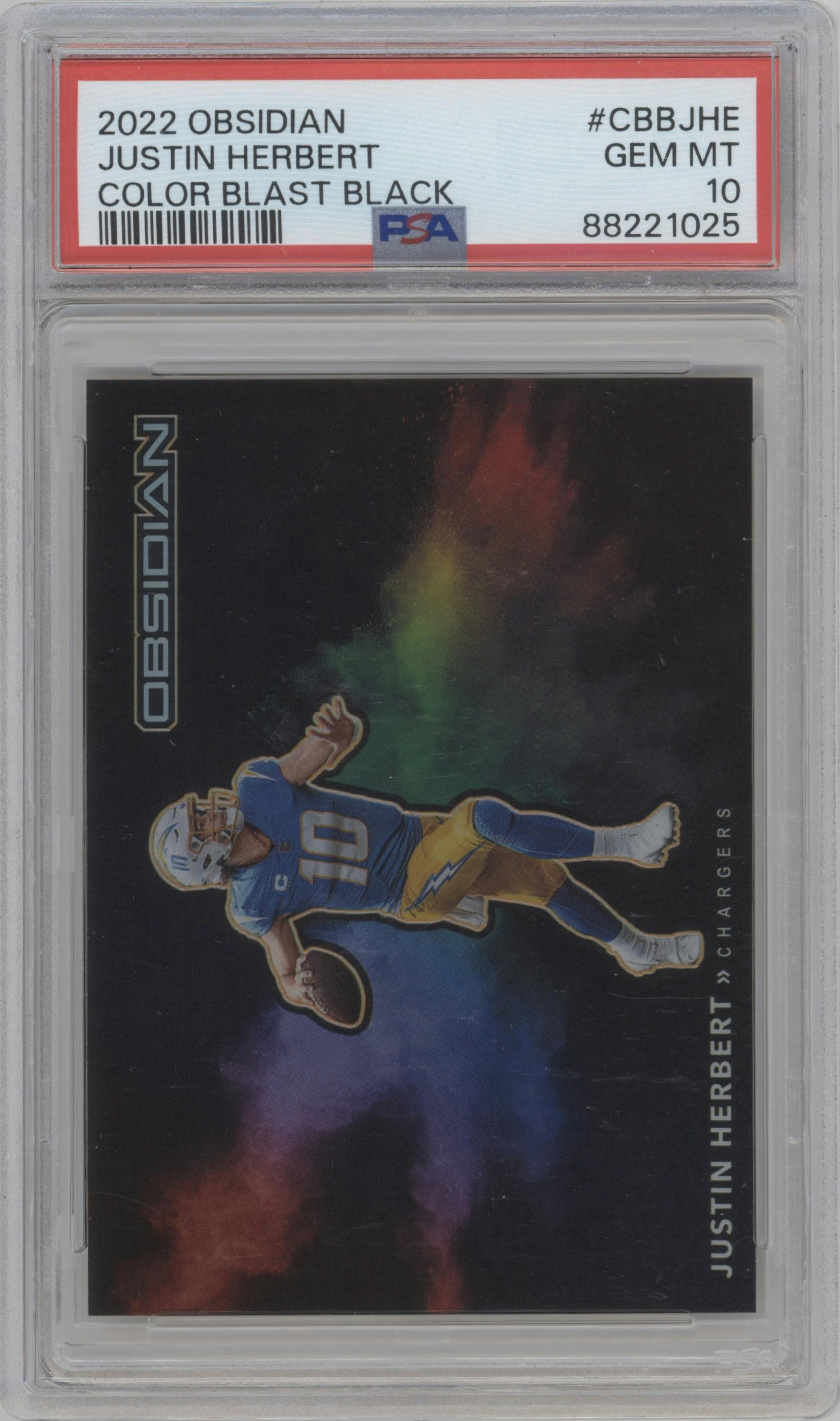 Justin Herbert from the 2022 Panini Obsidian set graded by PSA and given an overall grade of 10.
