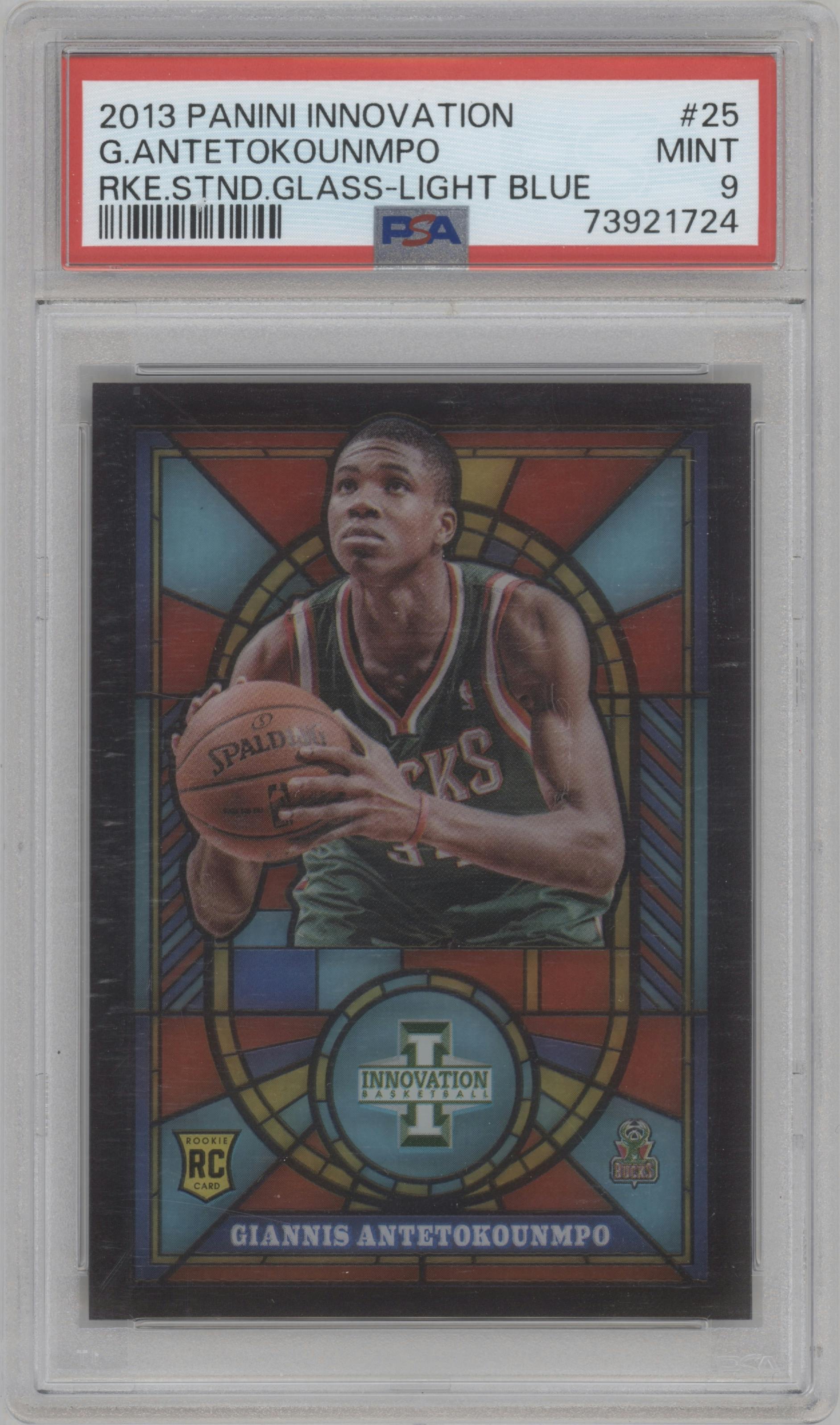 Giannis Antetokounmpo from the 2013-14 Panini Innovation set featuring a Light Blue parallel graded by PSA and given an overall grade of 9.