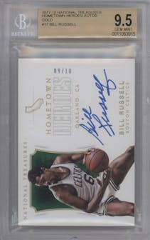 Bill Russell from the 2017-18 Panini National Treasures set featuring a Gold parallel graded by Beckett and given an overall grade of 9.5.