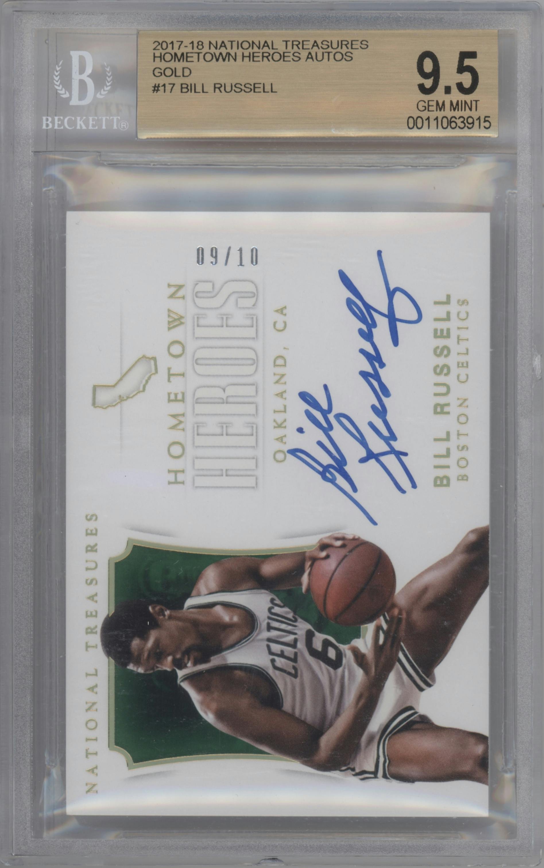 Bill Russell from the 2017-18 Panini National Treasures set featuring a Gold parallel graded by Beckett and given an overall grade of 9.5.